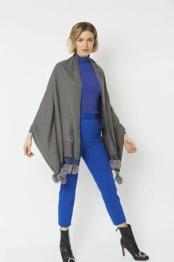 JAYLEY Grey Cashmere Blend Wrap With Faux Fur Heart Poms -Deals Plain Midis Store jayley grey cashmere blend wrap with faux fur heart poms p4827 62282 image