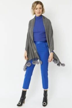 JAYLEY Grey Cashmere Blend Wrap With Faux Fur Heart Poms -Deals Plain Midis Store jayley grey cashmere blend wrap with faux fur heart poms p4827 62283 image