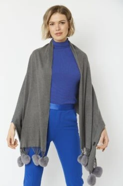 JAYLEY Grey Cashmere Blend Wrap With Faux Fur Heart Poms -Deals Plain Midis Store jayley grey cashmere blend wrap with faux fur heart poms p4827 62284 image