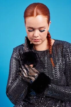 JAYLEY Khaki Leather Snake Print Effect Gloves With Faux Fur Cuff