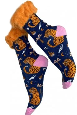 JAYLEY Leopard Print Faux Fur Trim Socks