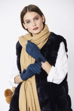 JAYLEY Navy Faux Suede Gloves With Faux Fur Pom