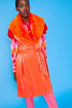 JAYLEY Orange Banana Peel Midi Gilet Faux Fur Collar