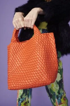 JAYLEY Orange Hand Knitted Leather Tote Bag With Matching Purse