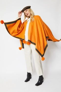 JAYLEY Orange Luxury Reversible Cashmere Blend Pom Pom Wrap