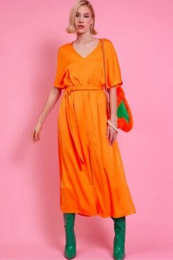 JAYLEY Orange Silk Blend Maxi Ruffle Dress -Deals Plain Midis Store jayley orange silk blend maxi ruffle dress p14471 95558 image