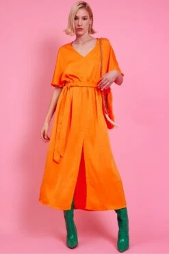 JAYLEY Orange Silk Blend Maxi Ruffle Dress -Deals Plain Midis Store jayley orange silk blend maxi ruffle dress p14471 95559 image