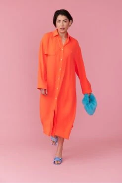 JAYLEY Orange Silk Blend Maxi Shirt Dress -Deals Plain Midis Store jayley orange silk blend maxi shirt dress p12712 86097 image
