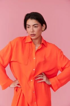 JAYLEY Orange Silk Blend Maxi Shirt Dress -Deals Plain Midis Store jayley orange silk blend maxi shirt dress p12712 86099 image