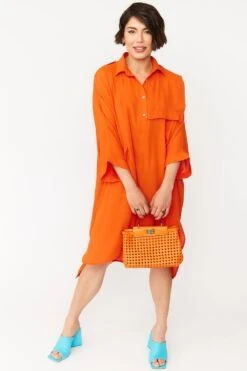 JAYLEY Orange Silk Blend Shirt Dress -Deals Plain Midis Store jayley orange silk blend shirt dress p12140 83832 image