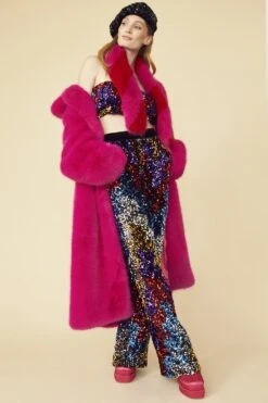 JAYLEY Pink And Red Faux Fur Barber Style Scarf