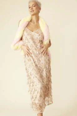 JAYLEY Pink And Yellow Faux Fur Barber Style Scarf -Deals Plain Midis Store jayley pink and yellow faux fur barber style scarf p12796 86699 image