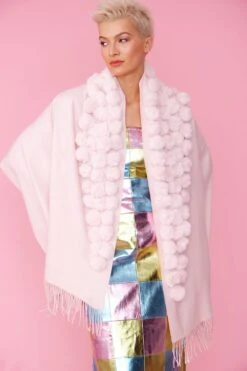 JAYLEY Pink Cashmere Blend Faux Fur Pom Pom Wrap