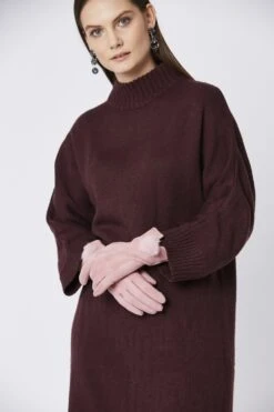 JAYLEY Pink Faux Suede Gloves With Faux Fur Pom