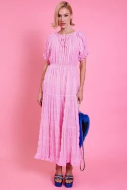 JAYLEY Pink Silk Blend Maxi Ruffle Dress