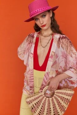 JAYLEY Pink Straw Half Moon Beach Bag