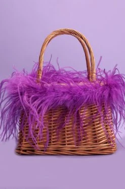 JAYLEY Purple Hand Made Salines Straw Bag With Ostrich Feather -Deals Plain Midis Store jayley purple hand made salines straw bag with ostrich feather p12334 84721 image