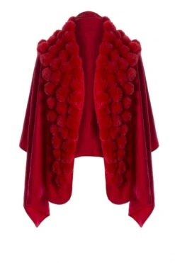 JAYLEY Red Cashmere Blend Faux Fur Pom Pom Wrap -Deals Plain Midis Store jayley red cashmere blend faux fur pom pom wrap p10160 53658 image