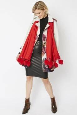JAYLEY Red Cashmere Blend Wrap With Faux Fur Heart Poms -Deals Plain Midis Store jayley red cashmere blend wrap with faux fur heart poms p4823 62261 image