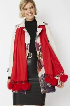 JAYLEY Red Cashmere Blend Wrap With Faux Fur Heart Poms -Deals Plain Midis Store jayley red cashmere blend wrap with faux fur heart poms p4823 62262 image