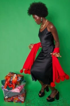 JAYLEY Red Cashmere Blend Wrap With Faux Fur Heart Poms -Deals Plain Midis Store jayley red cashmere blend wrap with faux fur heart poms p4823 76172 image