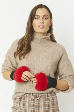 JAYLEY Red Faux Fur Fingerless Gloves -Deals Plain Midis Store jayley red faux fur fingerless gloves p4801 62147 image