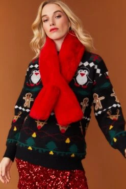 JAYLEY Red Faux Fur Keyhole Scarf