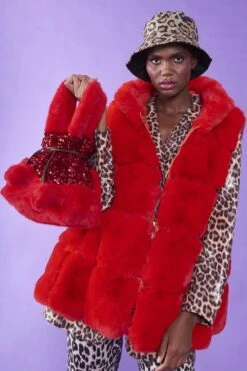 JAYLEY Red Faux Fur Long Hooded Gilet