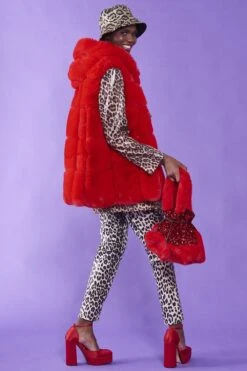 JAYLEY Red Faux Fur Long Hooded Gilet -Deals Plain Midis Store jayley red faux fur long hooded gilet p12775 86539 image