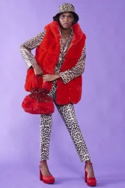 JAYLEY Red Faux Fur Long Hooded Gilet -Deals Plain Midis Store jayley red faux fur long hooded gilet p12775 86541 image