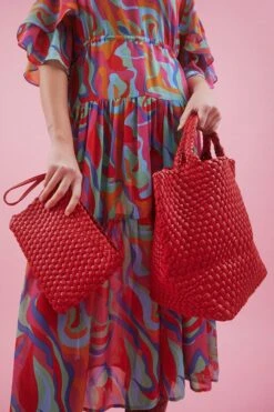 JAYLEY Red Hand Knitted Leather Tote Bag With Matching Purse
