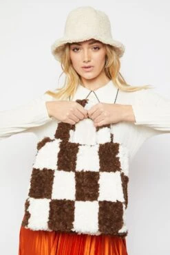 JAYLEY Shearling Checkered Tote Bag In Chocolate And Cream -Deals Plain Midis Store jayley shearling checkered tote bag in chocolate and cream p10752 75111 image