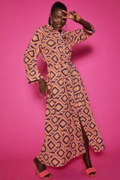 JAYLEY Silk Blend Maxi Shirt Dress In Geometric Print -Deals Plain Midis Store jayley silk blend maxi shirt dress in geometric print p10950 76706 image