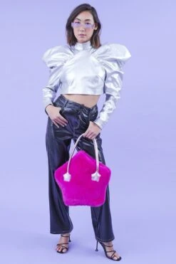 JAYLEY Silver Metallic Oversized Sleeve Crop Top -Deals Plain Midis Store jayley silver metallic oversized sleeve crop top p14374 94843 image