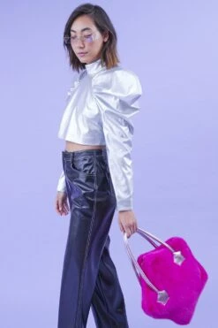 JAYLEY Silver Metallic Oversized Sleeve Crop Top -Deals Plain Midis Store jayley silver metallic oversized sleeve crop top p14374 94844 image