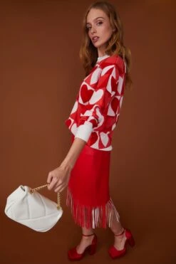 JAYLEY Tassel Midi Skirt With Front Split In Shimmer Red -Deals Plain Midis Store jayley tassel midi skirt with front split in shimmer red p11472 79915 image