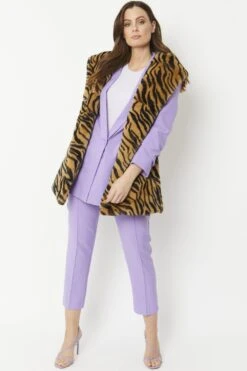 JAYLEY Tiger Print Faux Fur Hooded Gilet