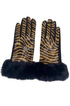 JAYLEY Tiger Print Faux Suede Gloves With Faux Fur Trim