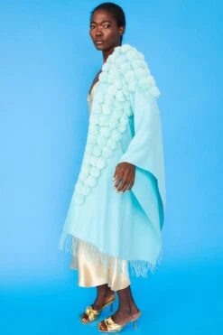 JAYLEY Turquoise Cashmere Blend Faux Fur Pom Pom Wrap -Deals Plain Midis Store jayley turquoise cashmere blend faux fur pom pom wrap p10161 76355 image