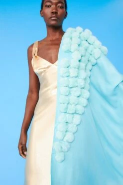 JAYLEY Turquoise Cashmere Blend Faux Fur Pom Pom Wrap -Deals Plain Midis Store jayley turquoise cashmere blend faux fur pom pom wrap p10161 76356 image