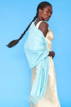 JAYLEY Turquoise Cashmere Blend Faux Fur Pom Pom Wrap -Deals Plain Midis Store jayley turquoise cashmere blend faux fur pom pom wrap p10161 76357 image