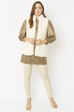 JAYLEY White Faux Fur Faux Suede Diagonal Stripe Gilet