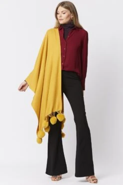 JAYLEY Yellow Cashmere Blend Wrap With Faux Fur Heart Poms -Deals Plain Midis Store jayley yellow cashmere blend wrap with faux fur heart poms p4831 62302 image
