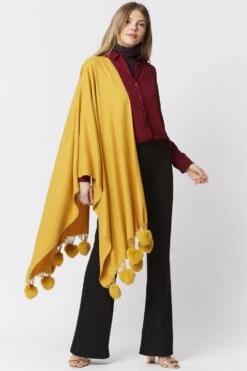JAYLEY Yellow Cashmere Blend Wrap With Faux Fur Heart Poms -Deals Plain Midis Store jayley yellow cashmere blend wrap with faux fur heart poms p4831 62304 image