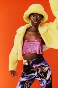 JAYLEY Yellow Faux Fur Bucket Hat -Deals Plain Midis Store jayley yellow faux fur bucket hat p12715 86112 image