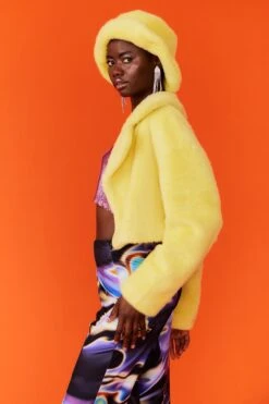 JAYLEY Yellow Faux Fur Bucket Hat -Deals Plain Midis Store jayley yellow faux fur bucket hat p12715 86113 image