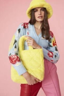 JAYLEY Yellow Faux Fur Diamond Stitch Tote Bag