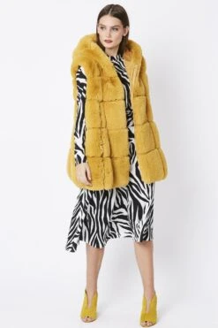 JAYLEY Yellow Faux Fur Long Hooded Gilet -Deals Plain Midis Store jayley yellow faux fur long hooded gilet p4024 58997 image