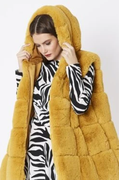 JAYLEY Yellow Faux Fur Long Hooded Gilet -Deals Plain Midis Store jayley yellow faux fur long hooded gilet p4024 58999 image